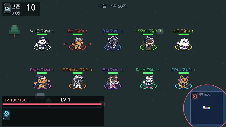 낚시꾼, 로봇, 해적, 사무라이, 스모, 마법사, 우주비행사, 무녀, 잠수부, 디제이 고양이가 한 경기에 모인 화면