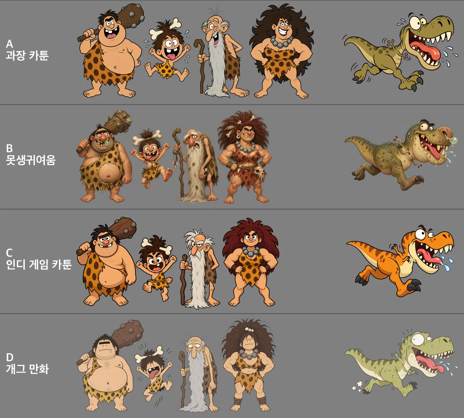 A 과장 카툰, B 못생귀여움, C 인디 게임 카툰, D 개그 만화 네 줄로 원시인 네 명과 티라노를 나란히 놓은 비교 이미지