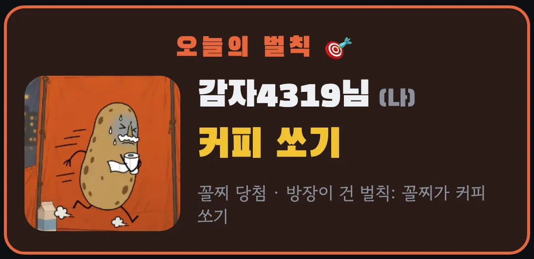 랜선포차 결과 화면의 "오늘의 벌칙" 카드. 꼴찌로 걸린 감자 캐릭터 옆에 "커피 쏘기"가 크게 적혀 있다
