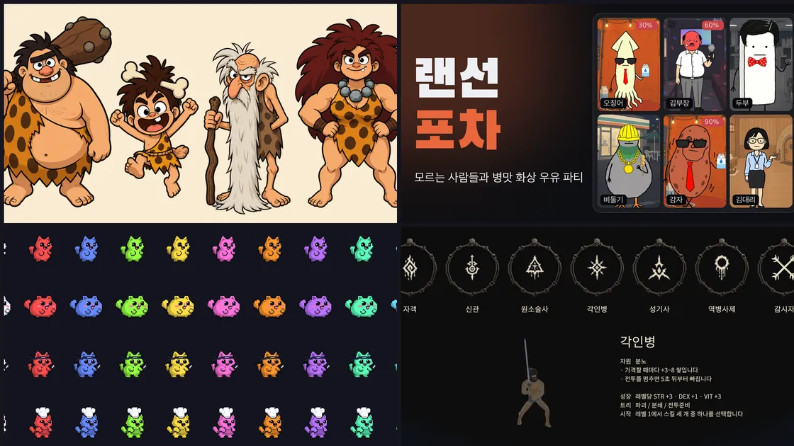 AvoidNow 원시인 네 명, 랜선포차 캐릭터 여섯 명, Salmonholic 고양이 스킨 목록, PallMark 클래스 선택 화면을 모은 이미지