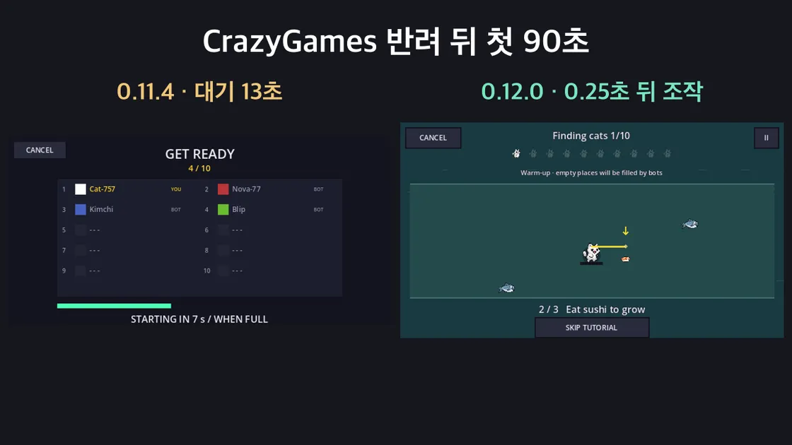 0.11.4의 대기 명단 화면과 0.12.0의 워밍업 화면을 나란히 놓은 비교 이미지