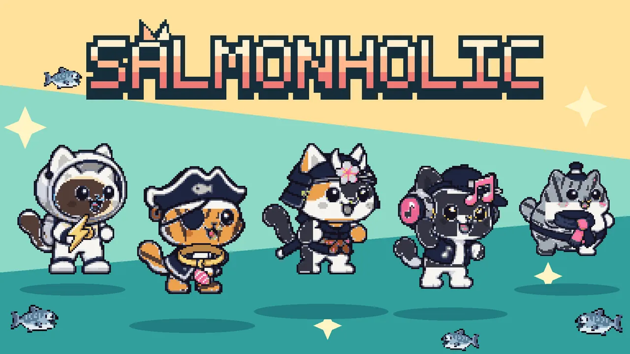 우주비행사·해적·사무라이·디제이·스모 고양이 다섯 마리가 연어 사이에 서 있는 Salmonholic 픽셀아트 대표 이미지