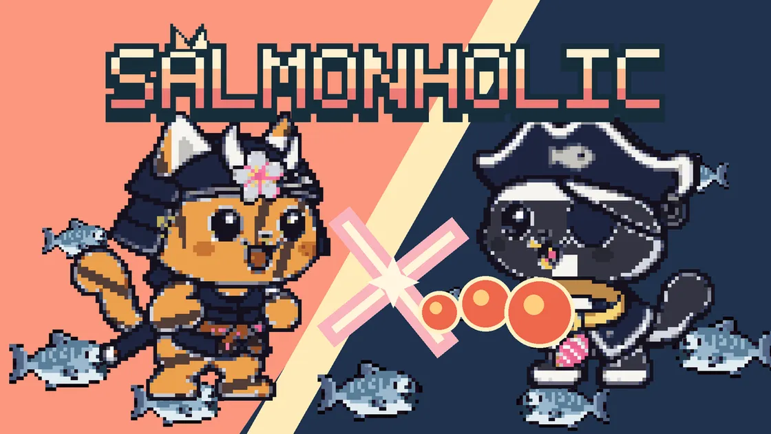 치즈 태비 사무라이 고양이와 턱시도 해적 고양이가 연어 사이에서 맞선 Salmonholic 픽셀아트