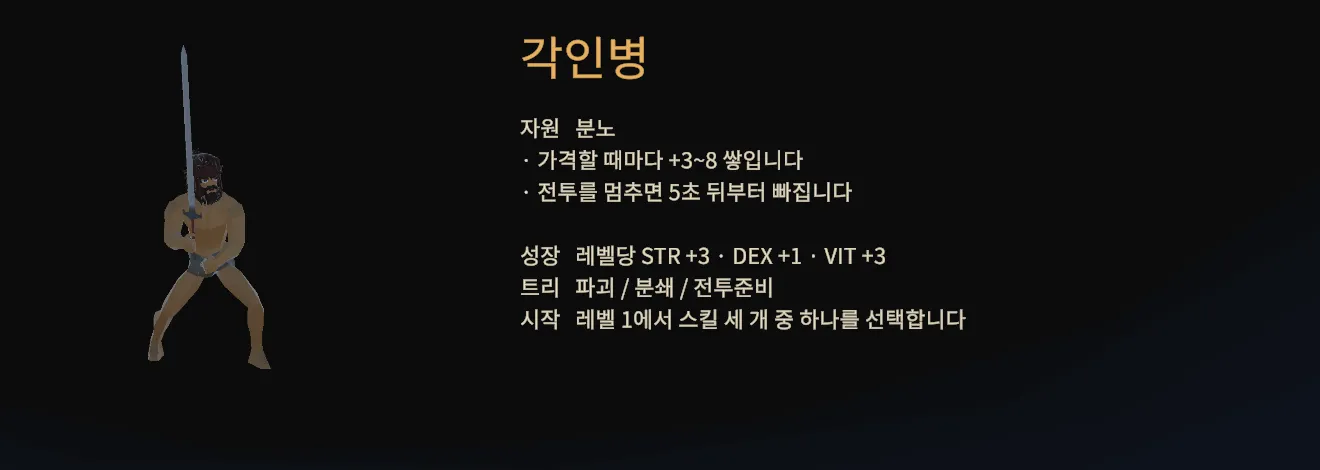 각인병을 고른 클래스 선택 화면. 분노 자원과 성장 수치 설명
