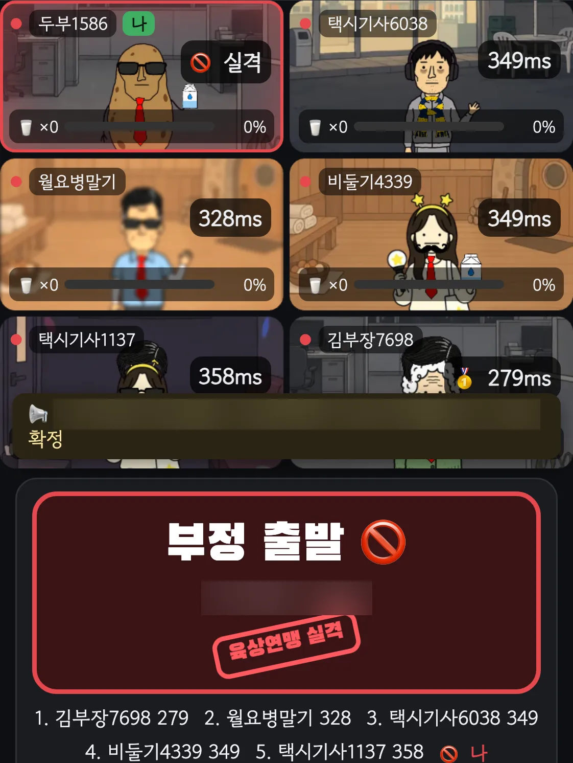 반응속도 결과 화면. 내 칸에는 실격, 다른 다섯 칸에는 279ms에서 358ms까지 반응 시간이 표시돼 있다