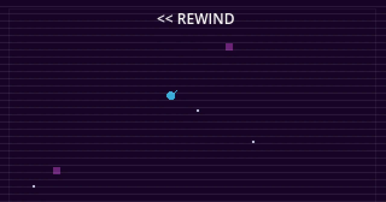 Rewind Shot 프로토타입. 보라색 줄무늬 화면 위에 REWIND 글자와 멈춘 탄환 점들이 보인다