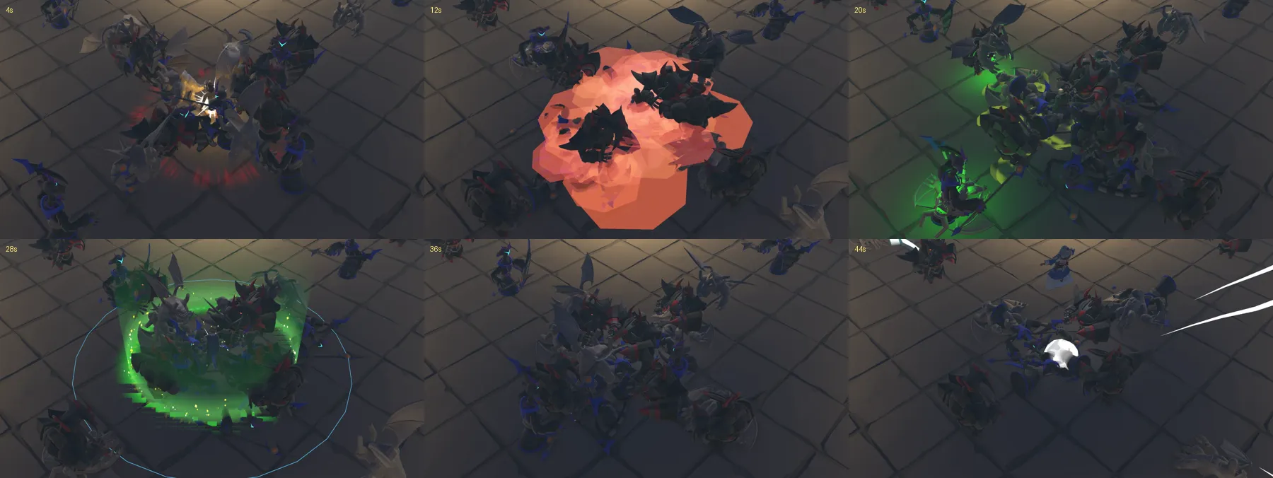일곱 클래스가 차례로 스킬을 쓰는 홍보 영상에서 뽑은 장면들. 붉은 폭발과 초록 역병 장판이 보인다